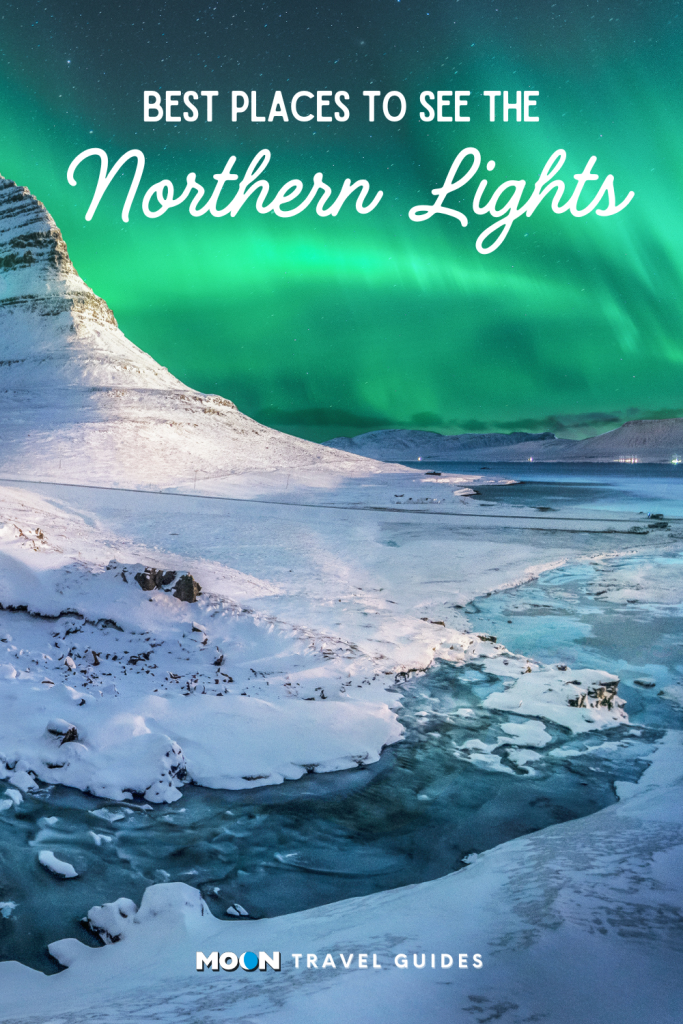 pin graphic with white text over an image of the northern lights