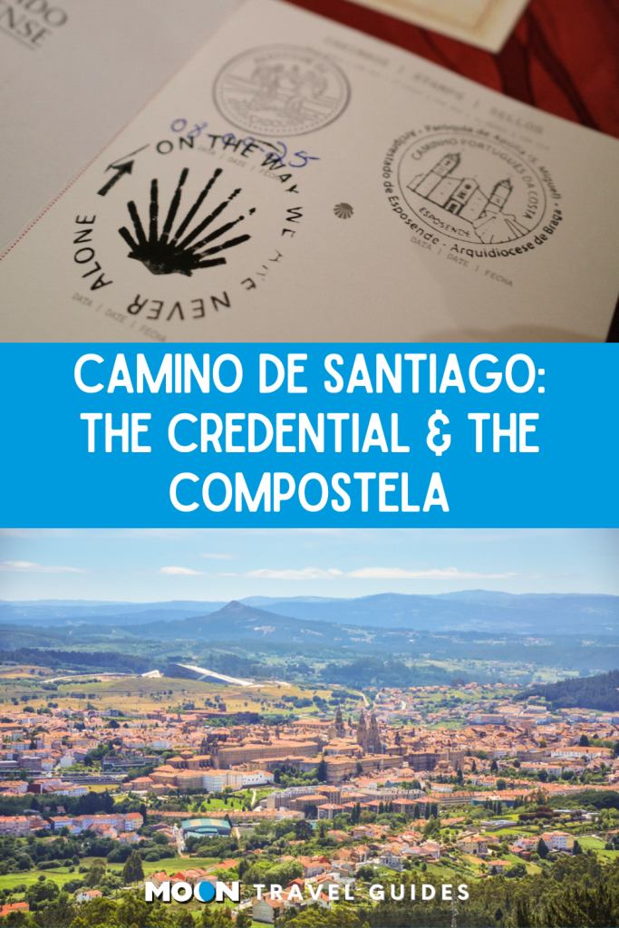 Image of stamped notebook and image of red-roofed town with text Camino de Santiago: The Credential & the Compostela