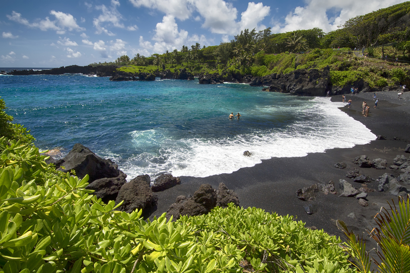 Black sand beach and crashing ocean waves surrounded by bright green foliage