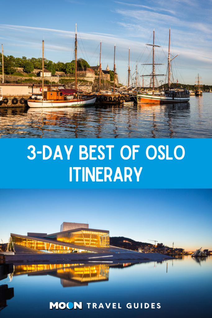 Image of wooden ships in harbor and image of illuminated modern building at night with text 3-Day Best of Oslo Itinerary