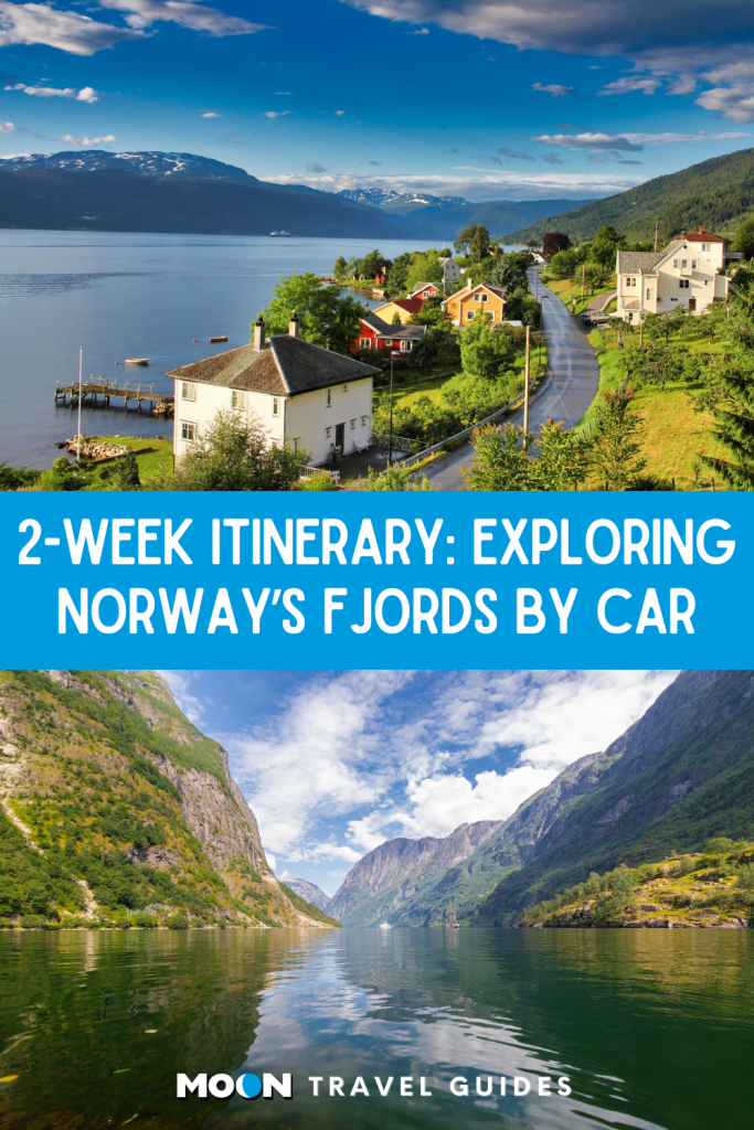 Image of fjord town and image of entrance to fjord with text 2-Week Itinerary: Exploring Norway's Fjords by Car
