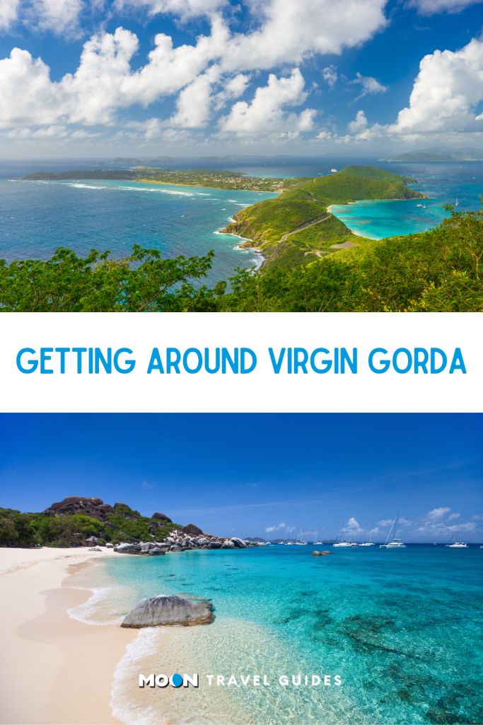 for pinterest: image graphic of island coast and close up of a sandy beach with clear blue water with heading text overlaid and moon logo at the bottom