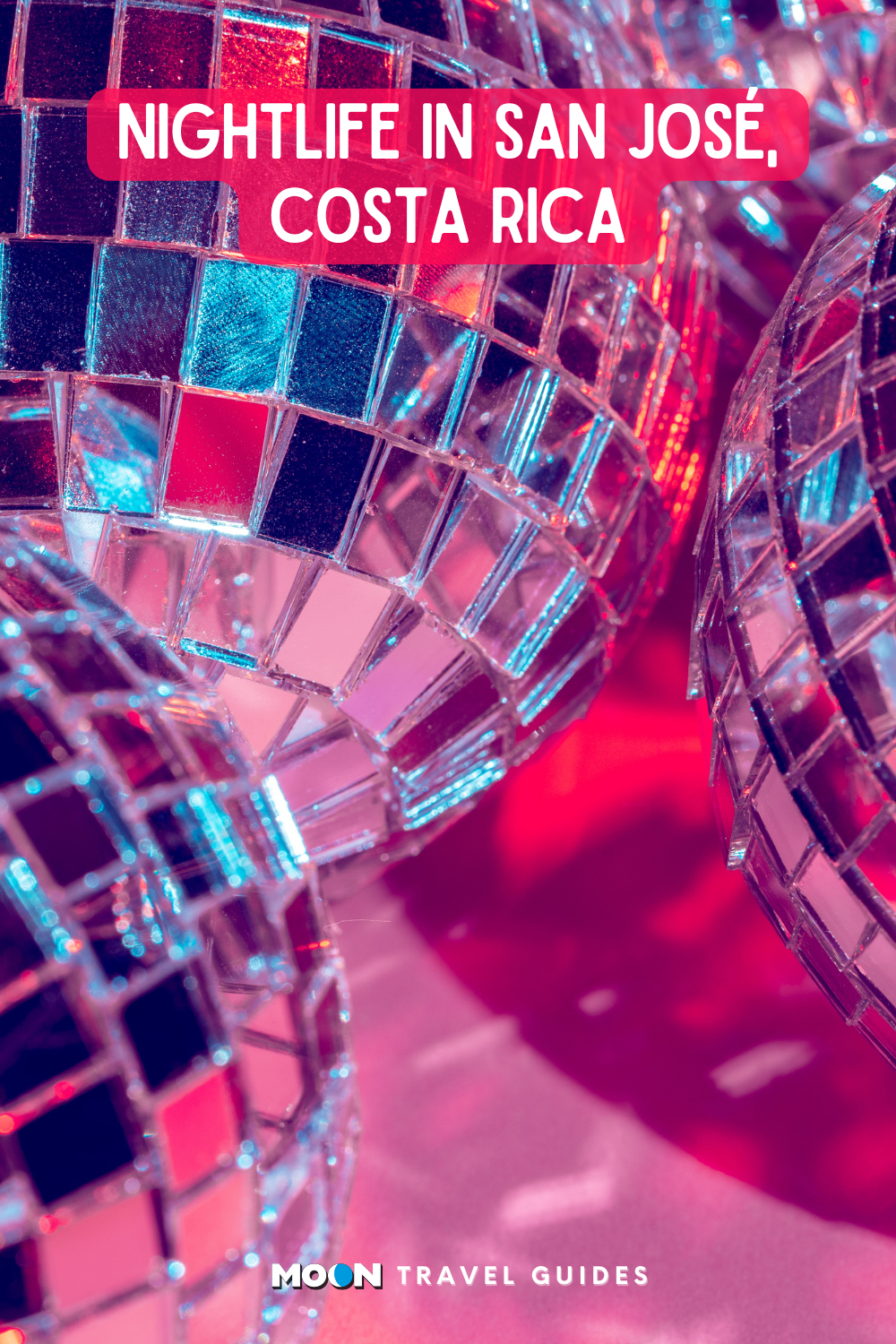 image graphic of disco balls in a pink room with heading text overlaid and moon logo at the bottom