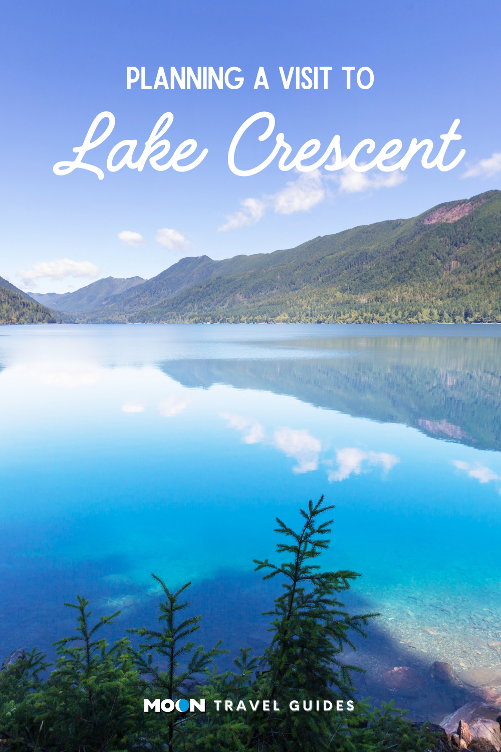 for pinterest: image graphic of a clear blue lake surrounded by pine trees with heading text overlaid and moon logo at the bottom