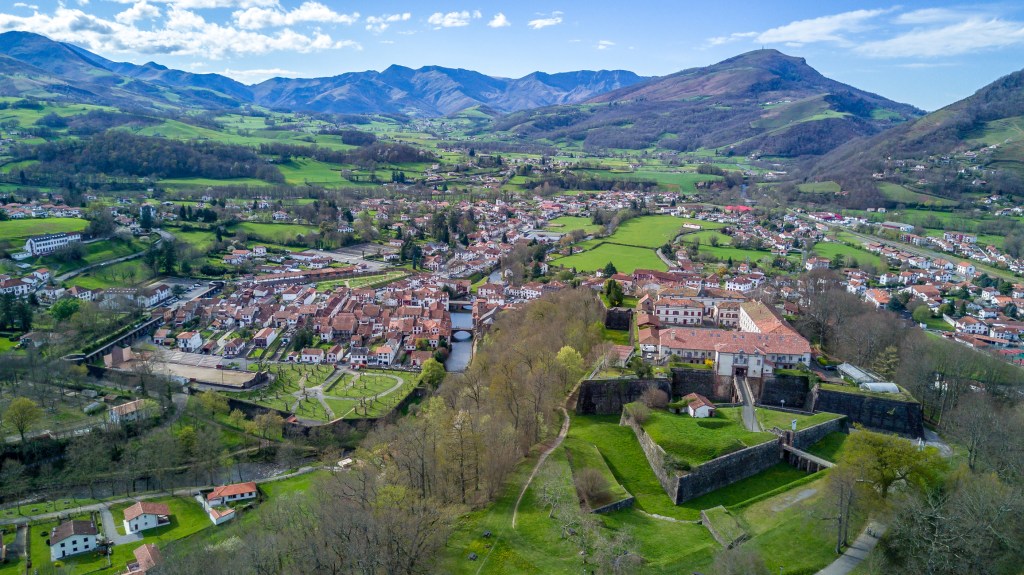 Aerial view of red-roofed village buildings nestled among lush green mountains