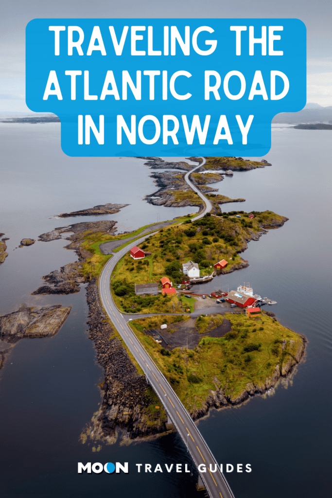 Aerial image of ocean road connecting small islets with text Traveling the Atlantic Road in Norway
