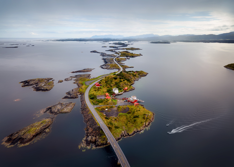 Aerial view of ocean road connecting small islets