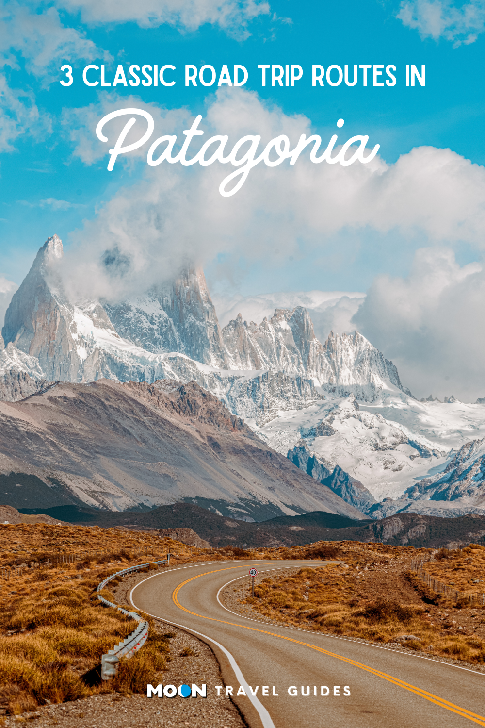 for pinterest: image graphic of a road winding towards towering snowy mountain peaks with heading text overlaid and moon logo at the bottom