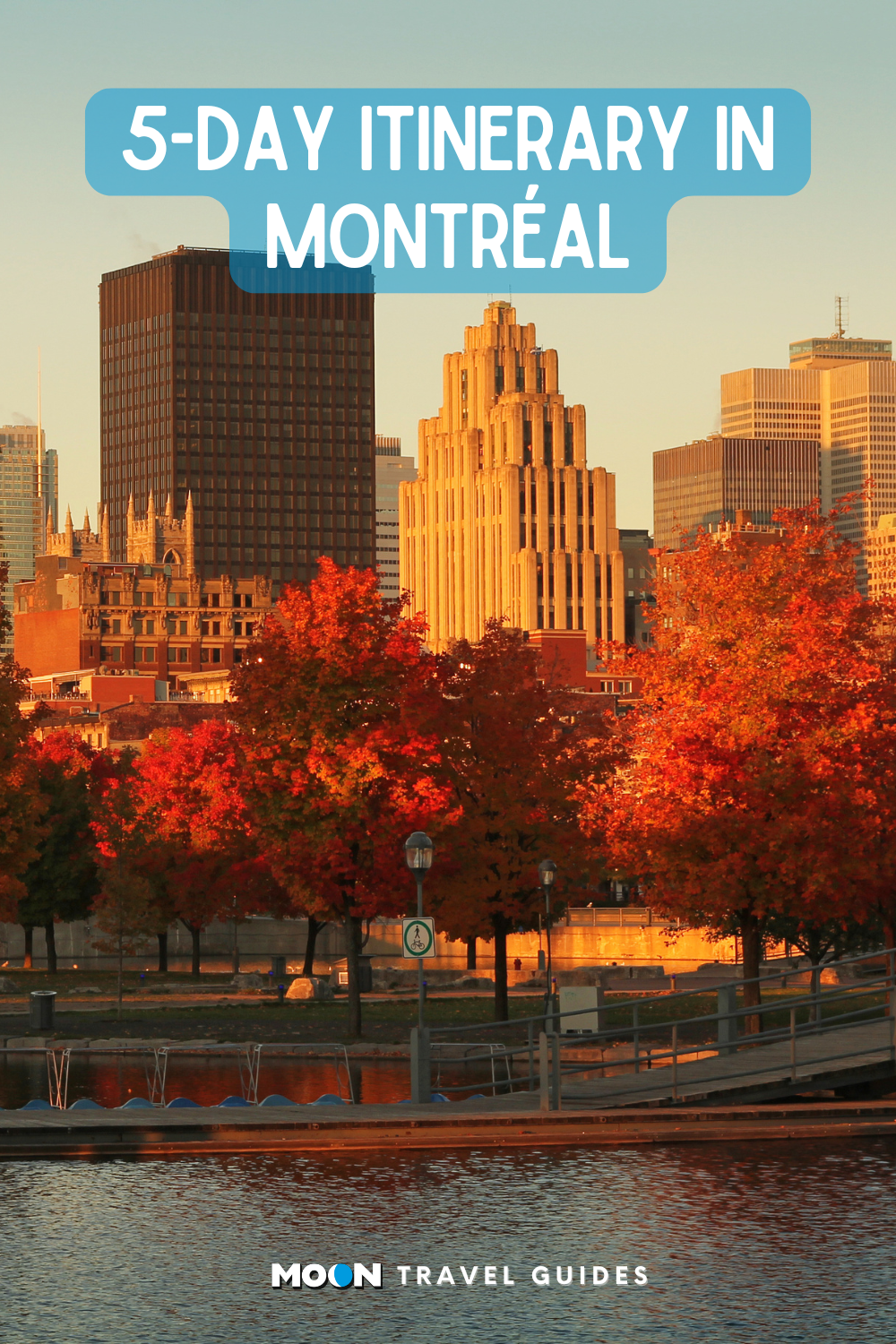 for pinterest: image graphic of a city skyline over a calm river with fall trees lining it (moon logo at the bottom)