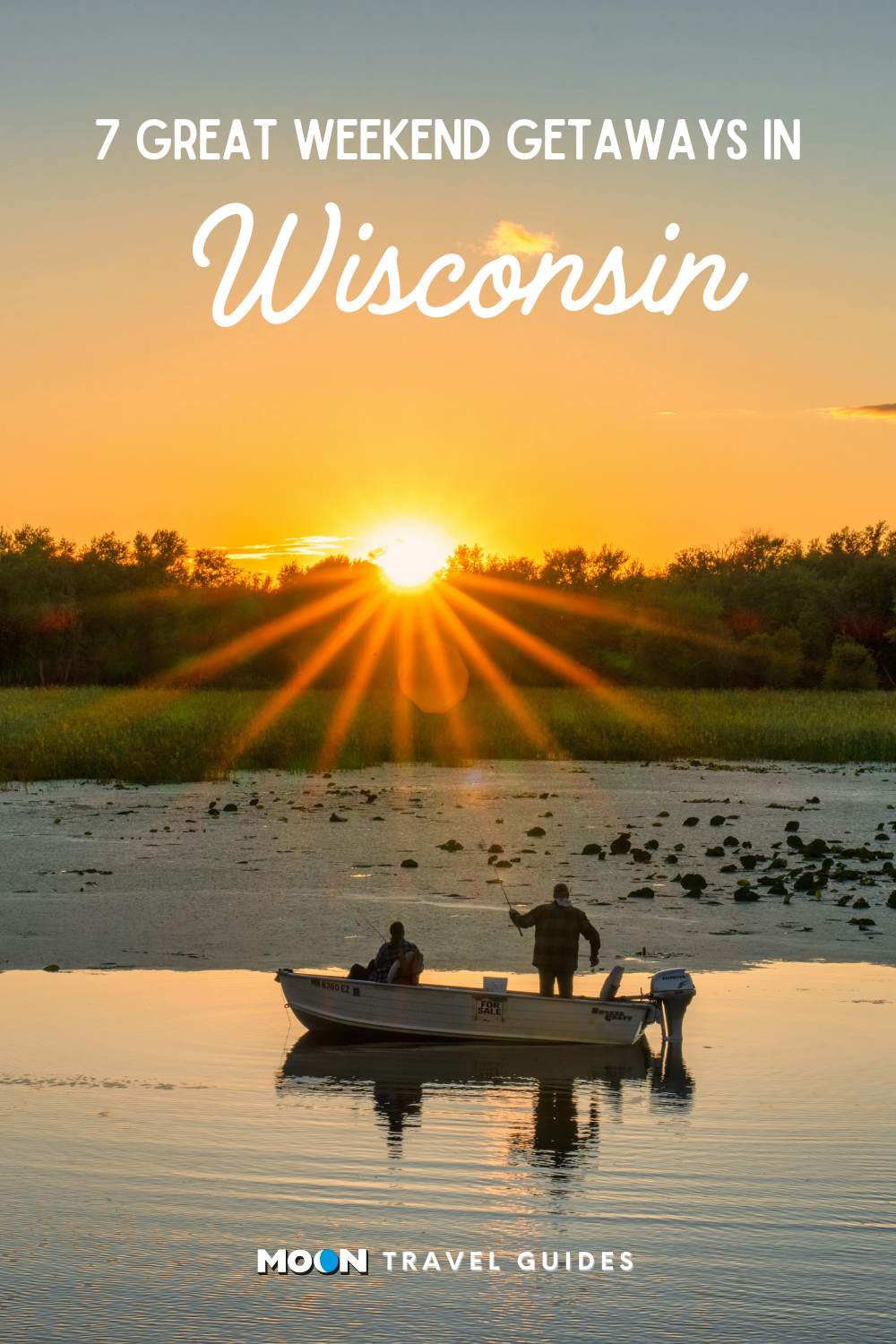 for pinterest: image graphic of two people fishing at sunset with heading text overlaid and moon logo at the bottom