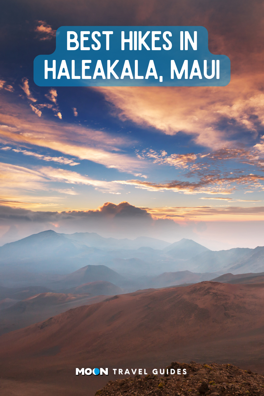 for pinterest: image graphic of a dusky mountain range with heading text overlaid and moon logo at the bottom
