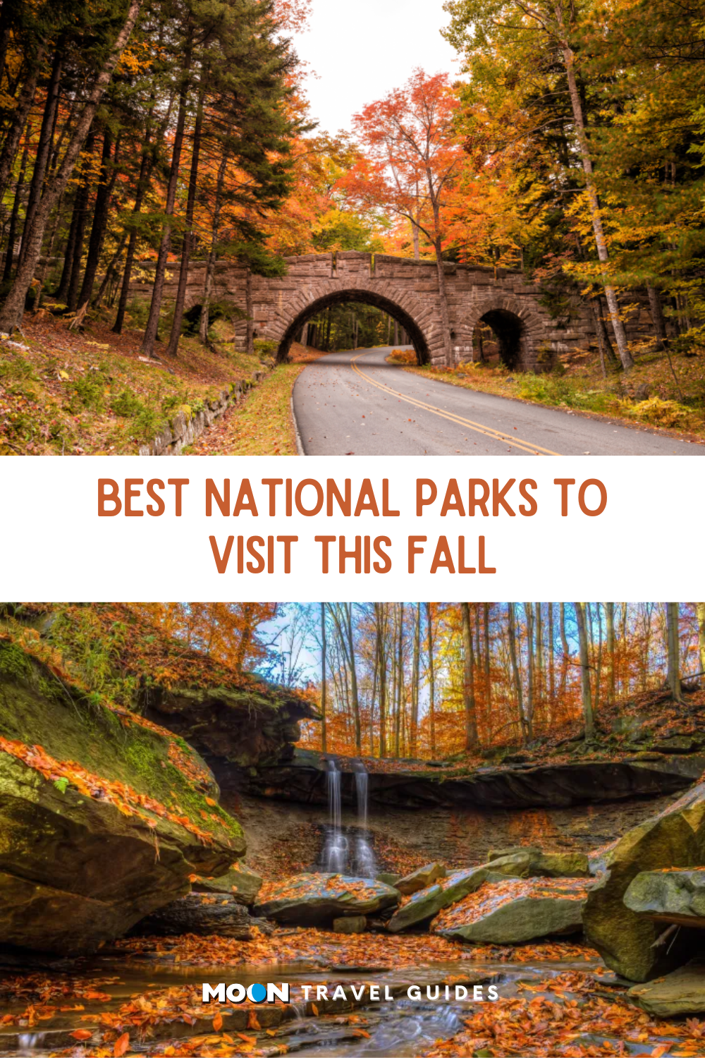 images of fall foliage surrounding an old stone bridge and a small waterfall trickling onto a pile of autumn leaves with heading text overlaid
