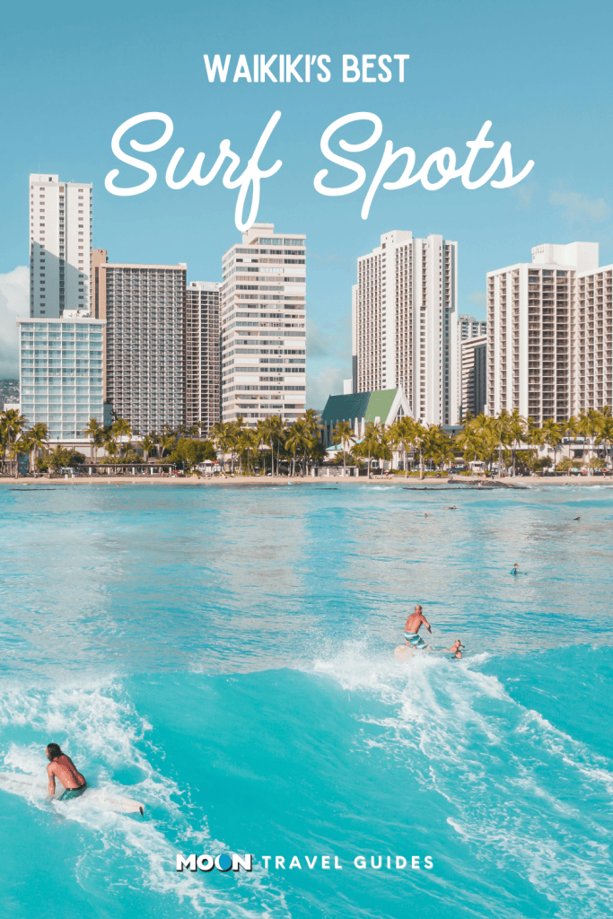 image graphic of people surfing and swimming in bright blue waves off the shore of a tall city skyline with heading text overlaid and moon logo at the bottom