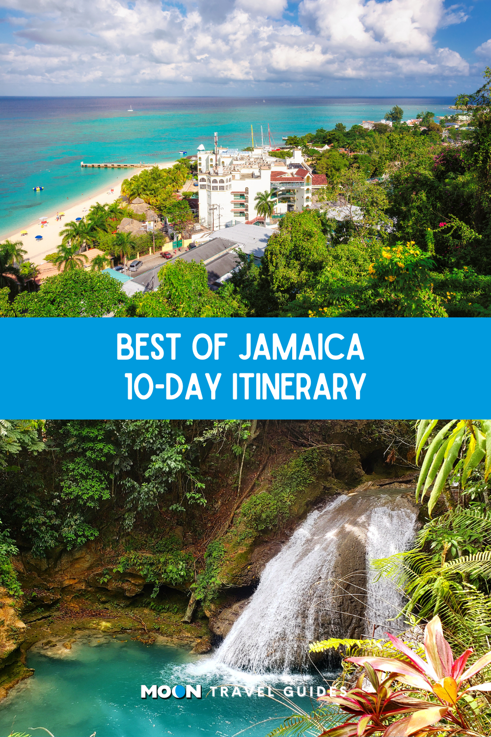 for pinterest: image graphic of beach-side town and a secluded jungle waterfall