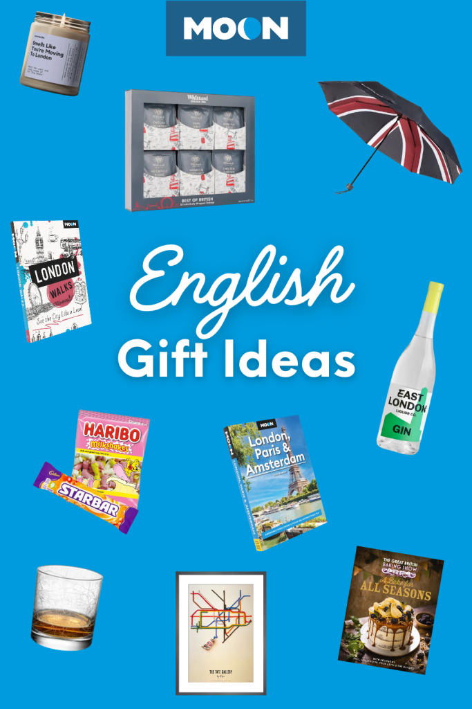 Image of a variety of products and books with text English Gift Ideas