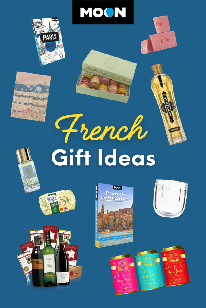 Cutouts of a variety of products and books with text French Gift Ideas