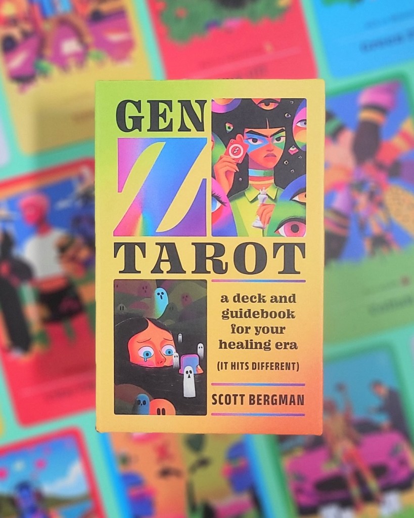 Photo of the Gen Z Tarot box laid above cards from the deck
