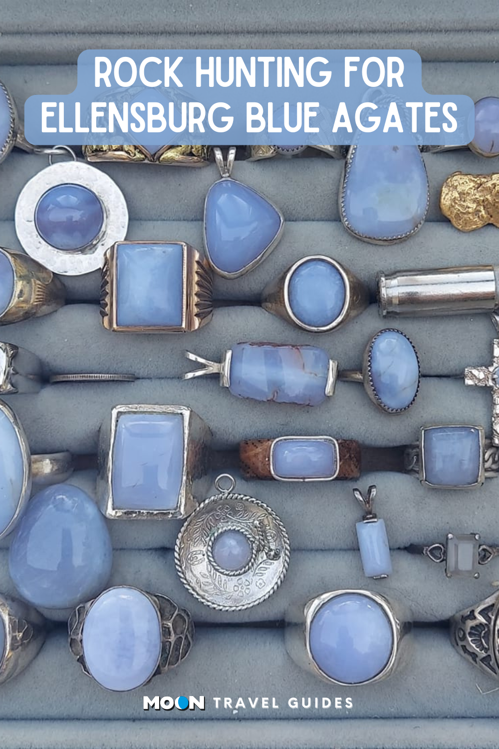 for pinterest: image graphic of periwinkle gems inset to silver jewelry with heading text overlaid and moon logo at the bottom