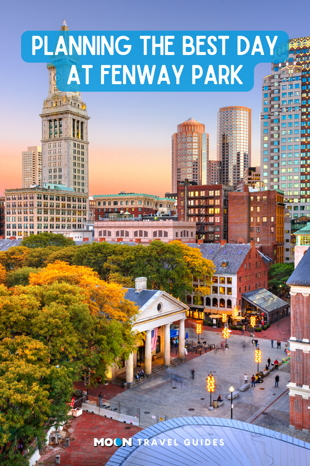 for pinterest: image graphic of downtown boston's old brick building's and tall skyscrapers at sunset