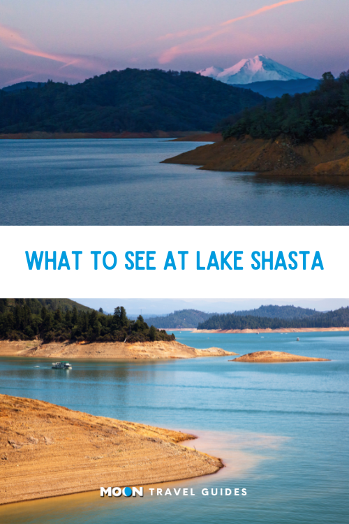 (above) a calm lake at sunset with a tall white-capped mountain rising behind it (below) the sandy shote of a desert lake
