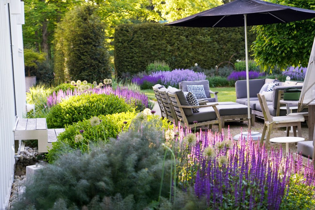 Patio with purple flowers and covered table and chairs