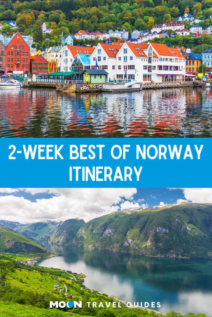 Image of colorful houses on pier and image of fjord with text 2-Week Best of Norway Itinerary