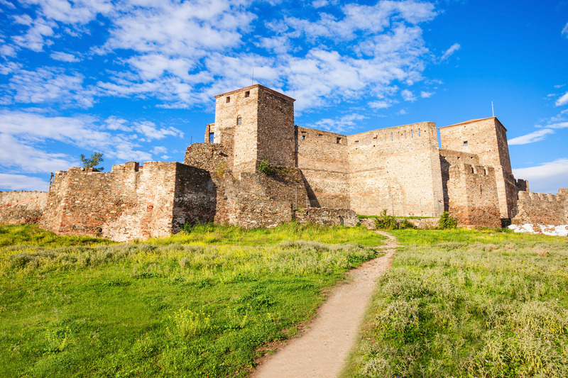 A narrow dirt path leading through lush grass to tan stone fortress on a hill under bright blue sky.