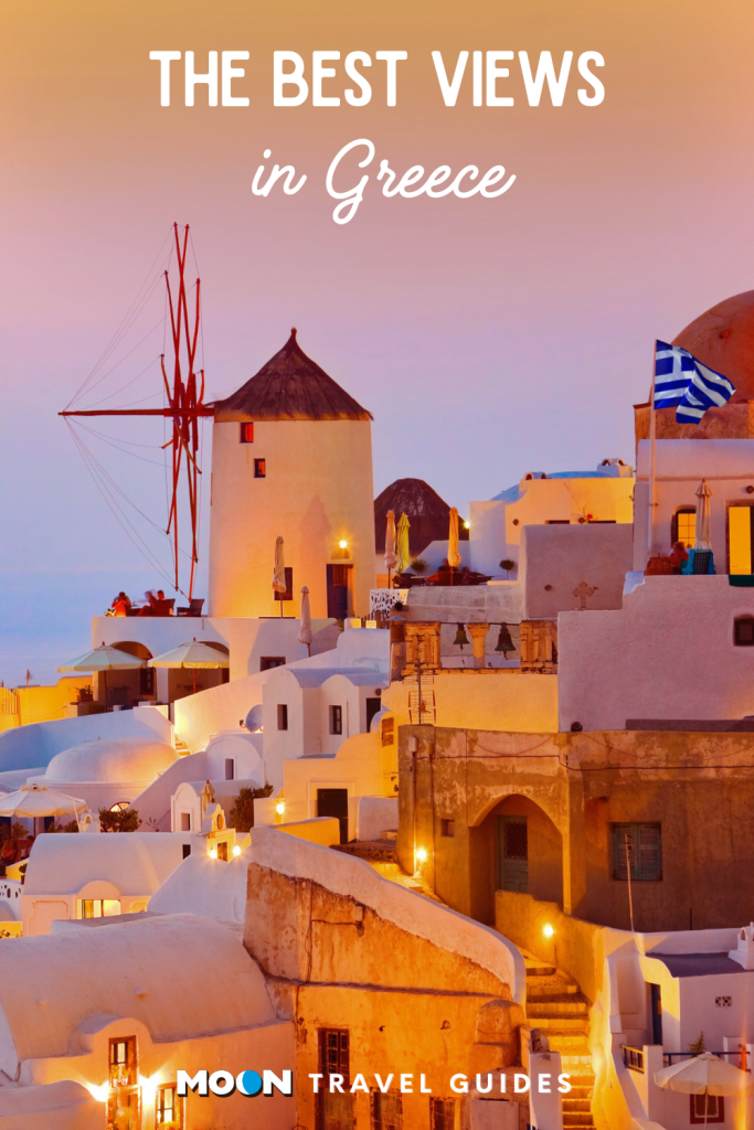 Image of whitewashed village at sunset with text The Best Views in Greece
