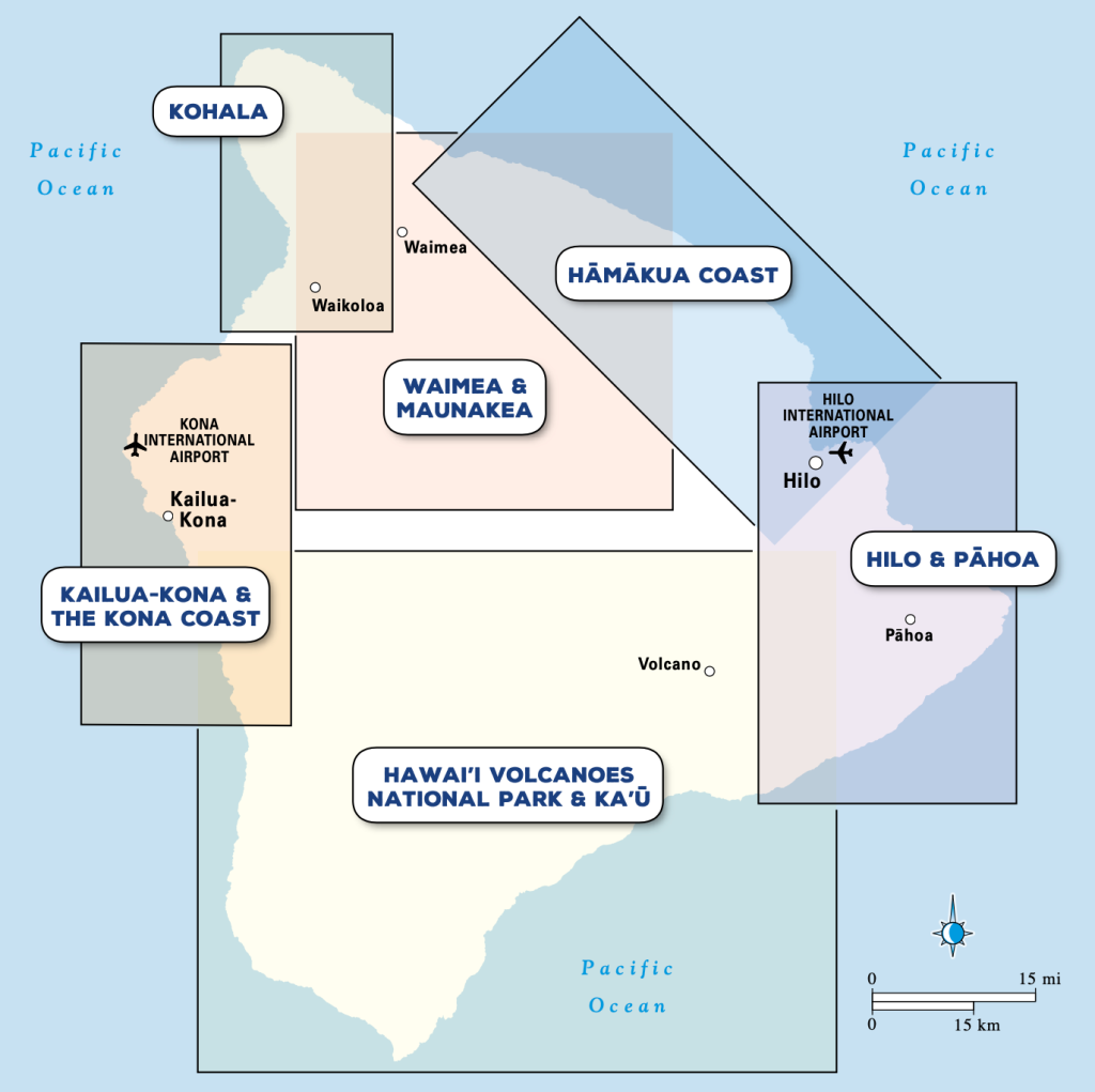 A map illustrating the regions of the Big Island