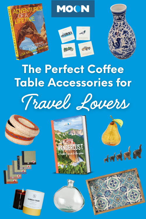 graphic with objects from listicle spred out along a blue background: vases, baskets, candles, hardcover books, etc. 