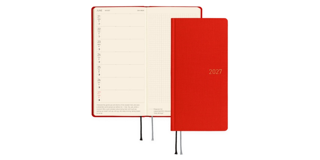 a small, red weekly planner book with the days on the left side and a blank grid on the right