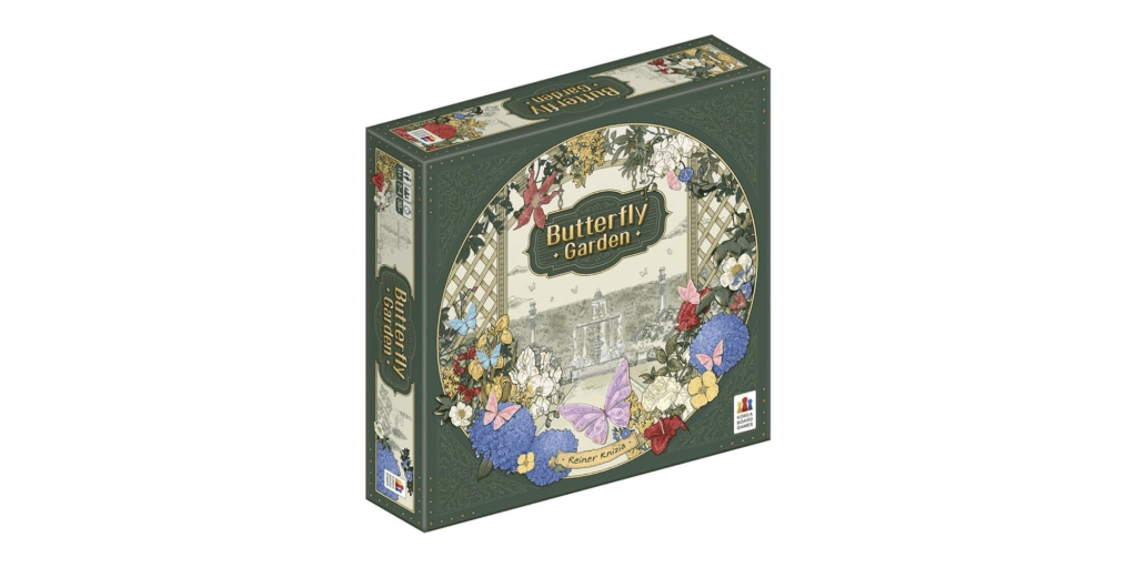 a green and pink board game box with the words "butterfly garden" in gold across the front