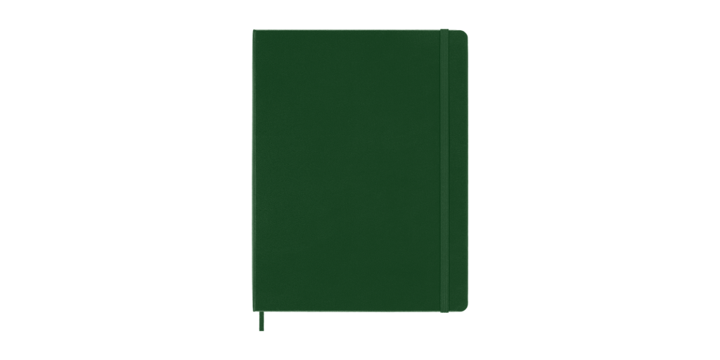 a dark green notebook with a matching green strap holding it closed