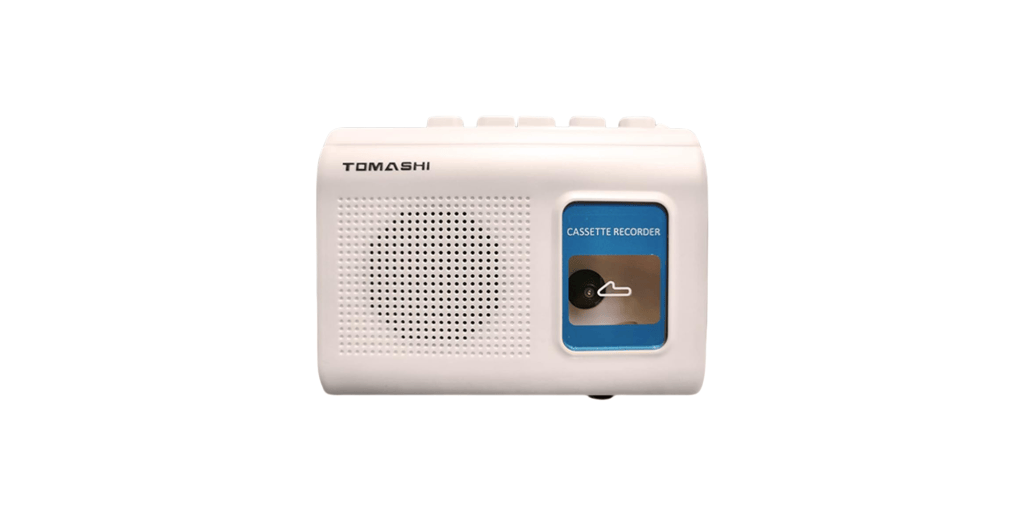an all white cassette player with a speaker on the front and large buttons along the top