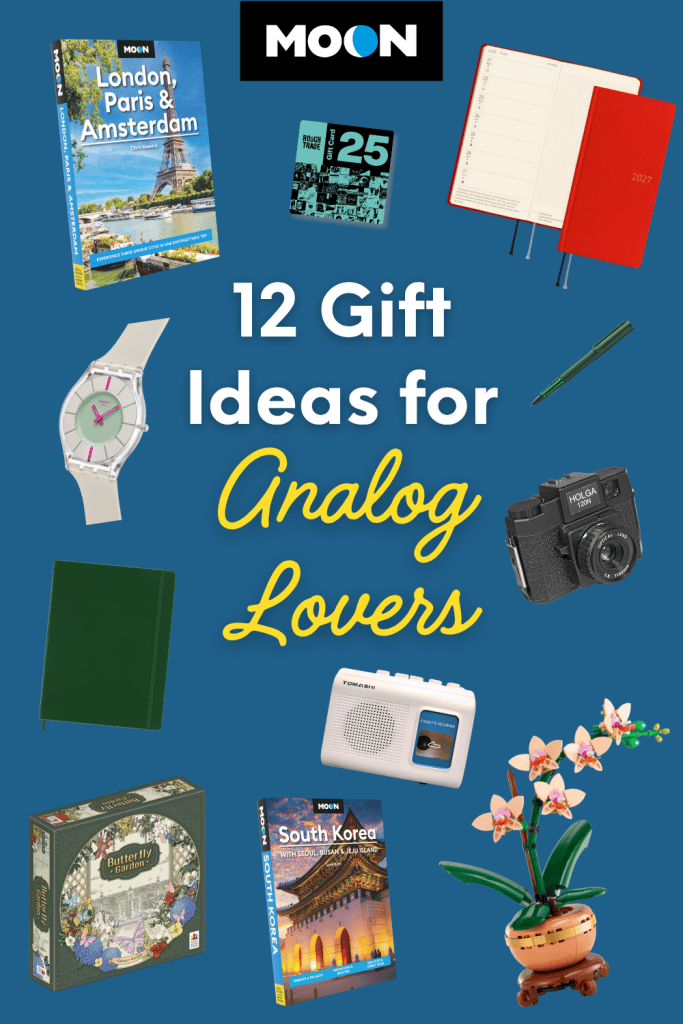 pinterest graphic with images of gift items spread out on a dark blue background